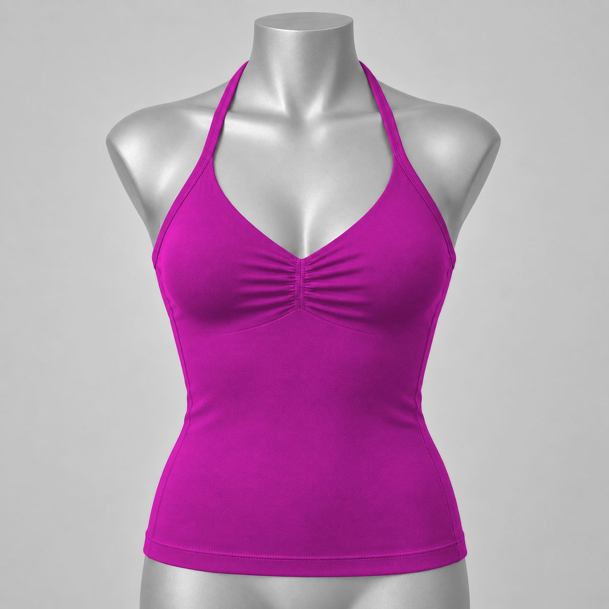 DLYNIO Berry ruched longline halter bra, front mannequin view