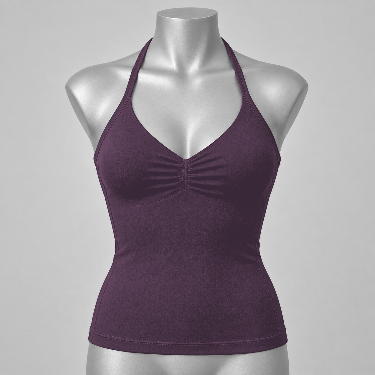 DLYNIO Dark Coffee ruched longline halter bra, front mannequin view