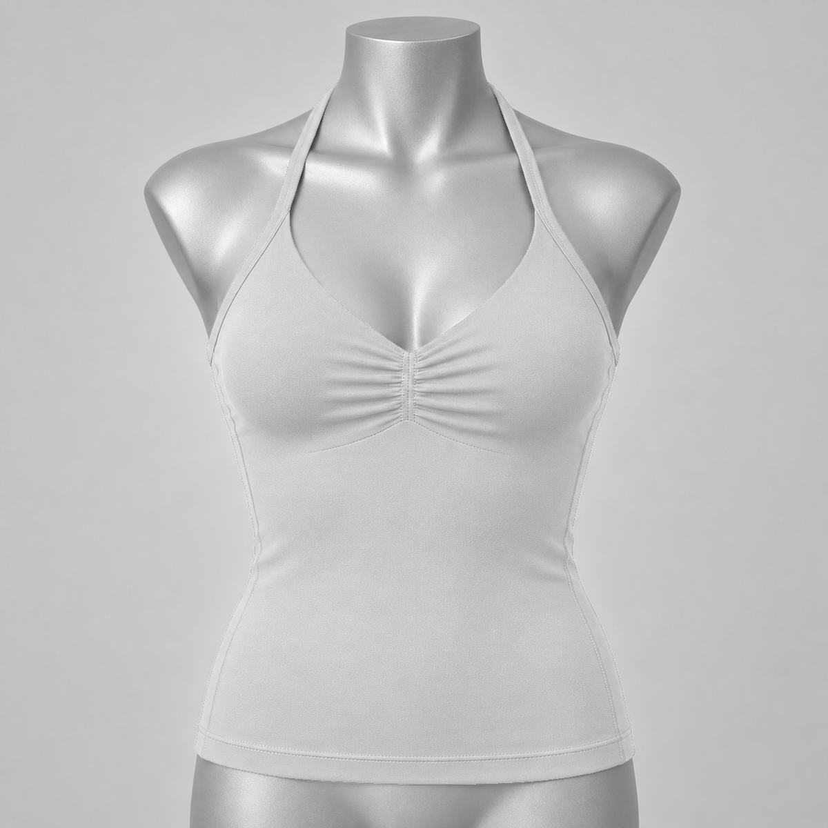 DLYNIO Feather Beige ruched longline halter bra, front mannequin view