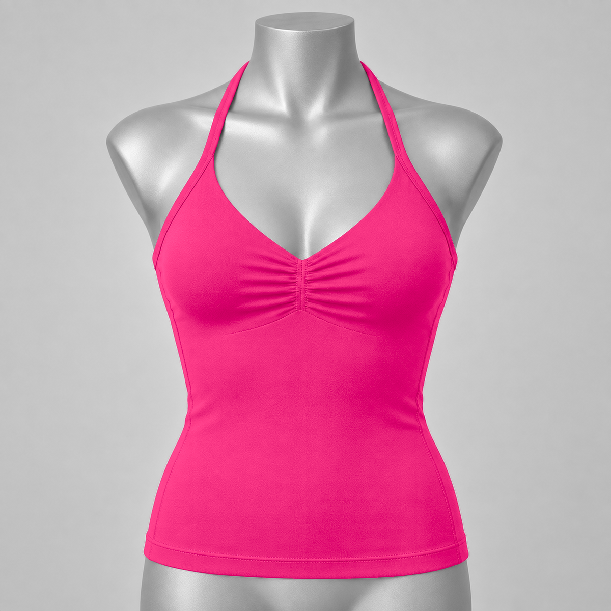 DLYNIO Dragon Fruit Pink ruched longline halter bra, front mannequin view