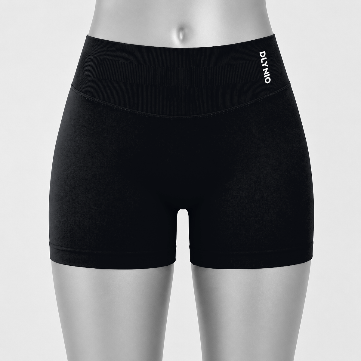 DLYNIO Midnight Black Impact shorts, front mannequin view